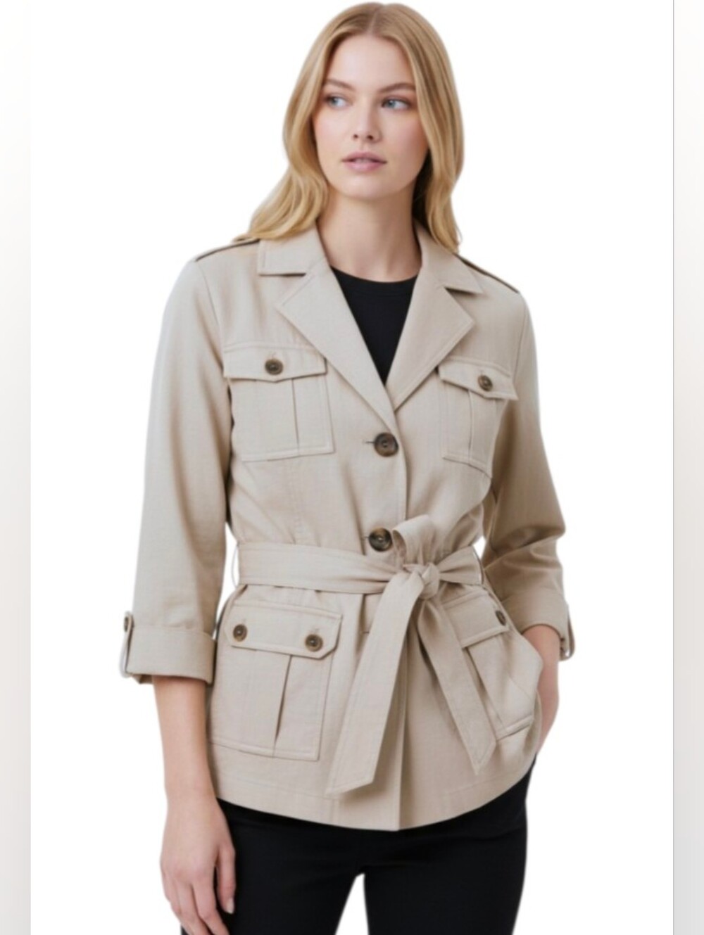 FENN WRIGHT MANSON! TRUE TAN/NEIGE UTILITY STYLE BELTED, MULTI POCKET JACKET! L